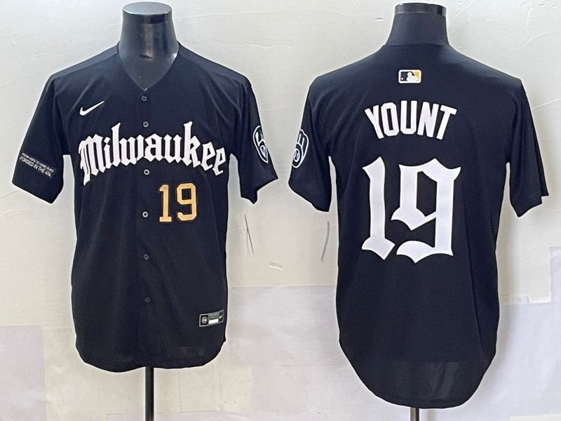 Men 2025 Milwaukee Brewers #19 Yount Black Five generations Joint Name Nike MLB Jersey style 7